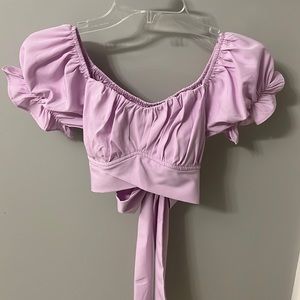 Cropped, puffy sleeved lavender tie top